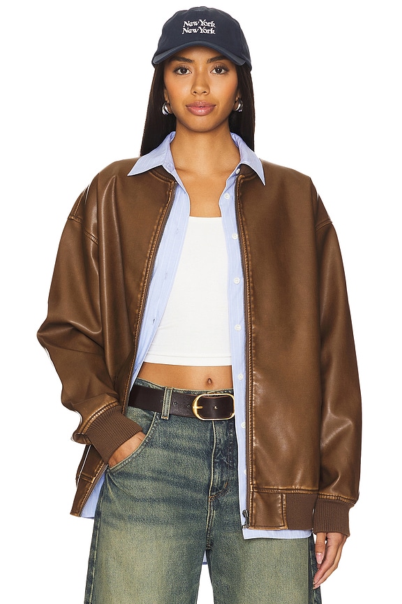 Image 1 of Ariel Faux Leather Bomber in Brown