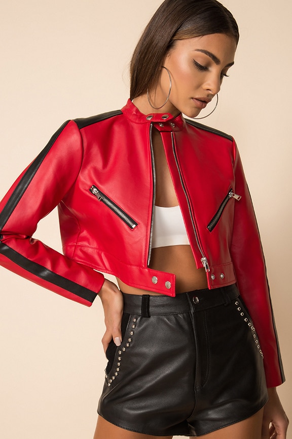 Image 1 of Thandi Cropped Racer Jacket in Red & Black