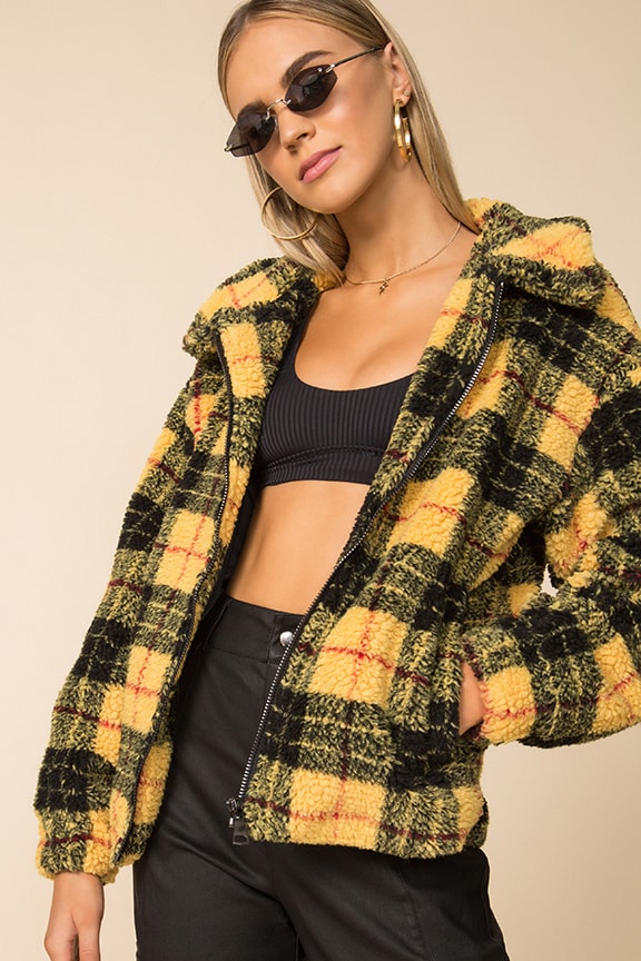 Image 1 of Ria Plaid Teddy Jacket in Yellow Plaid