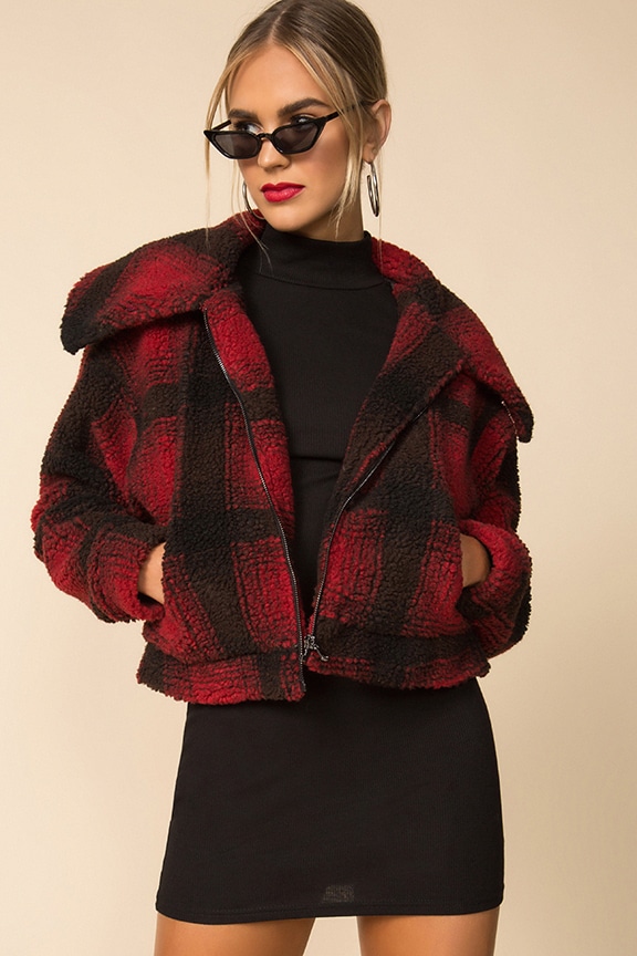 Image 1 of Candy Zip Front Jacket in Red Plaid