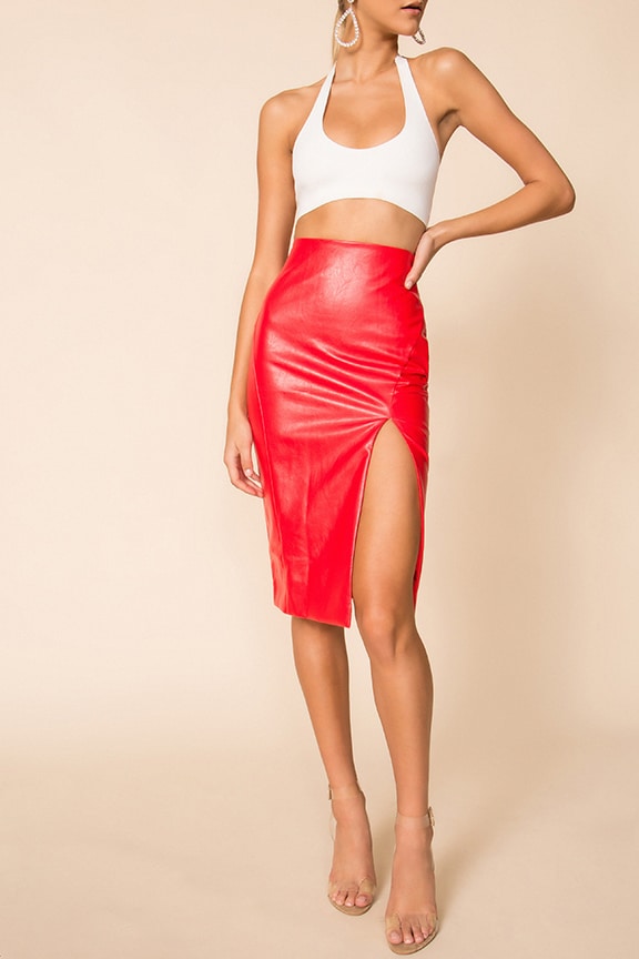 Image 1 of Jezabel Faux Leather Midi Skirt in Red