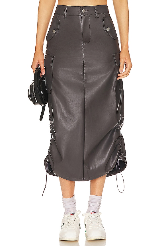 Image 1 of Jordyn Faux Leather Midi Skirt in Grey