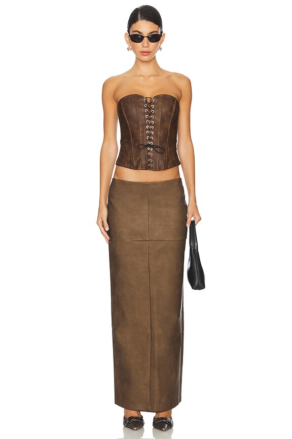 Superdown Mazu Faux Leather Maxi Skirt In Distressed Brown