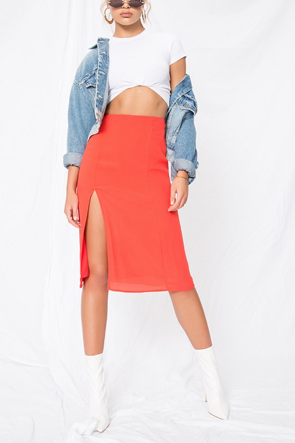 Image 1 of Crystal Slit Midi Skirt in Red