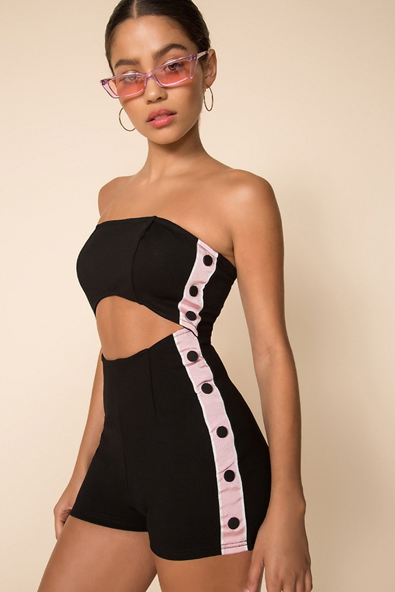 Image 1 of Edith Cut Out Romper in Black & Pink