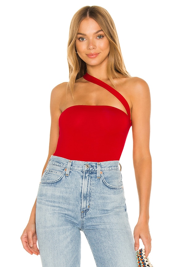 Shape Up Brick Red Knit One-Shoulder Asymmetrical Bodysuit