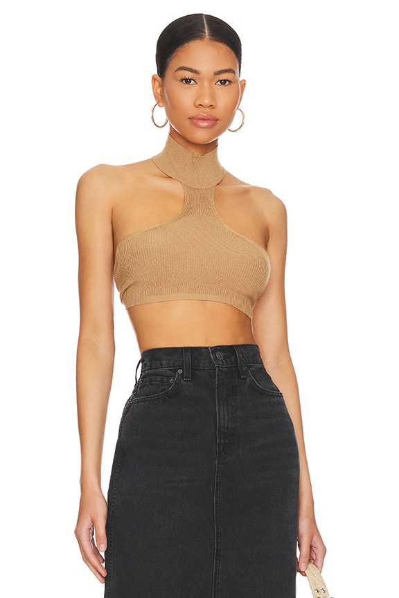 Image 1 of Kiara Backless Crop Top in Solid Taupe