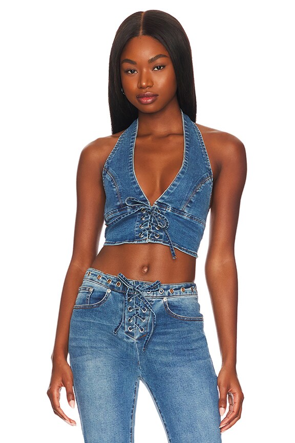 Image 1 of Britney Lace Up Top in Blue Wash