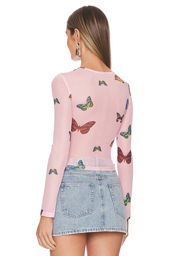 Superdown Ari Butterfly Mesh Top In Pink