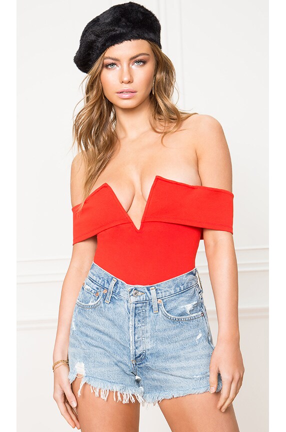 Image 1 of Aaliyah Deep V Bodysuit in Cherry Red
