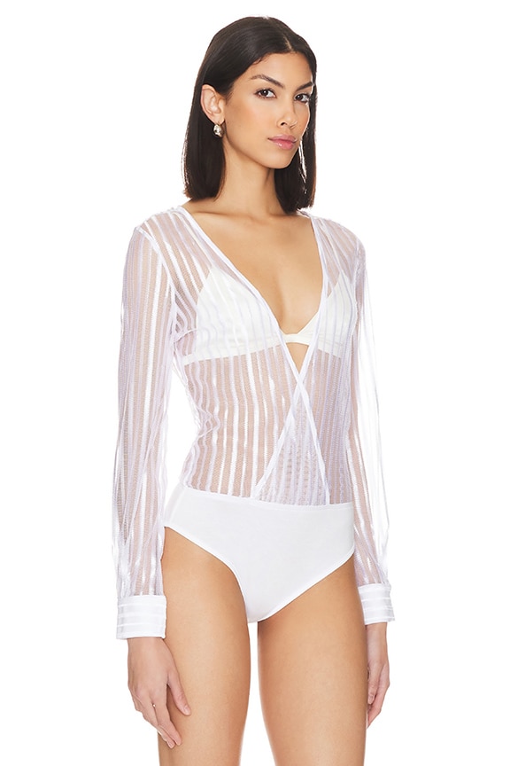 Shop Superdown Dila Sheer Striped Bodysuit In White