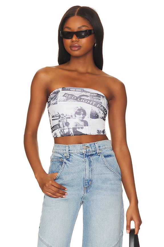 Image 1 of Sheena Strapless Crop Top in White Multi