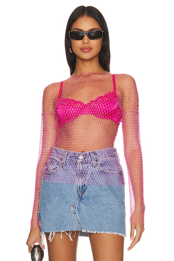 Shop Superdown Karolie Sheer Rhinestone Top In Pink Metallic