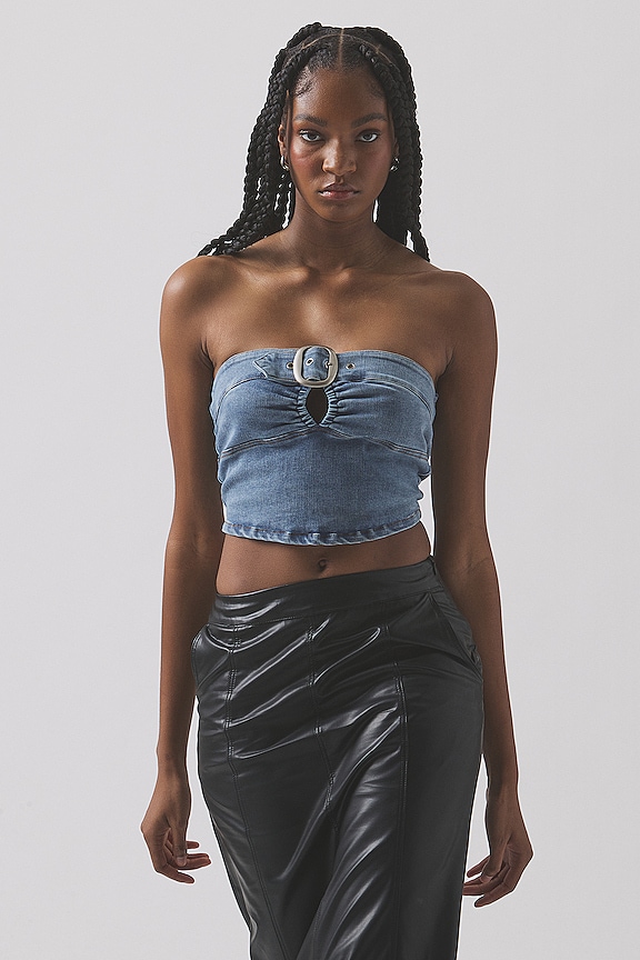 Image 1 of Cropped Buckle Denim Top in Blue