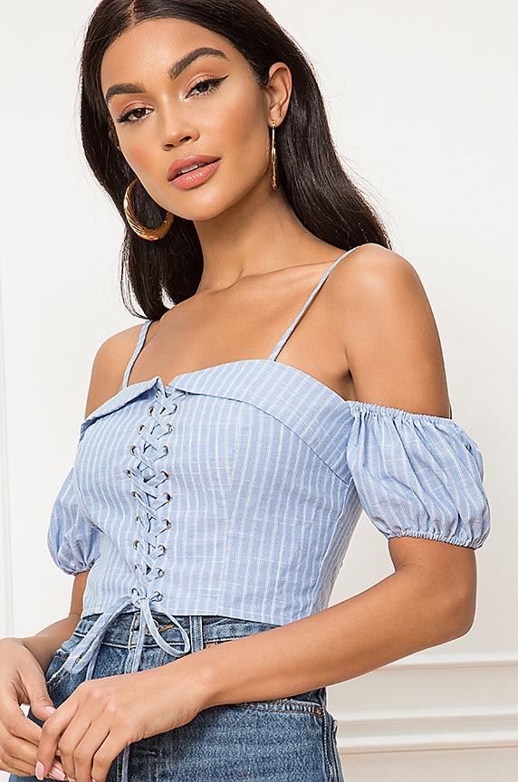 Image 1 of Dani Lace Up Top in Blue & White