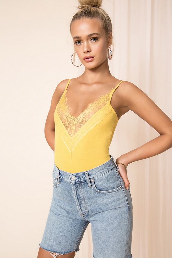 Image 1 of Devon Lace Front Bodysuit in Yellow