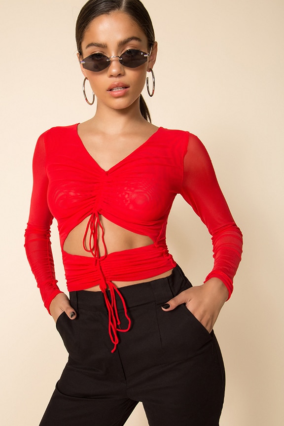 Image 1 of Arielle Ruched Mesh Top in Red