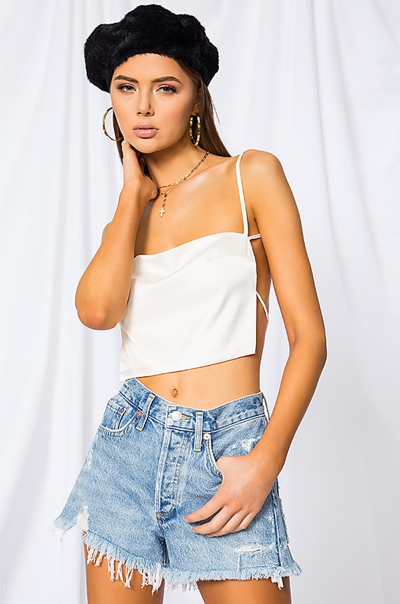 Cream Satin Backless Strappy Crop Top