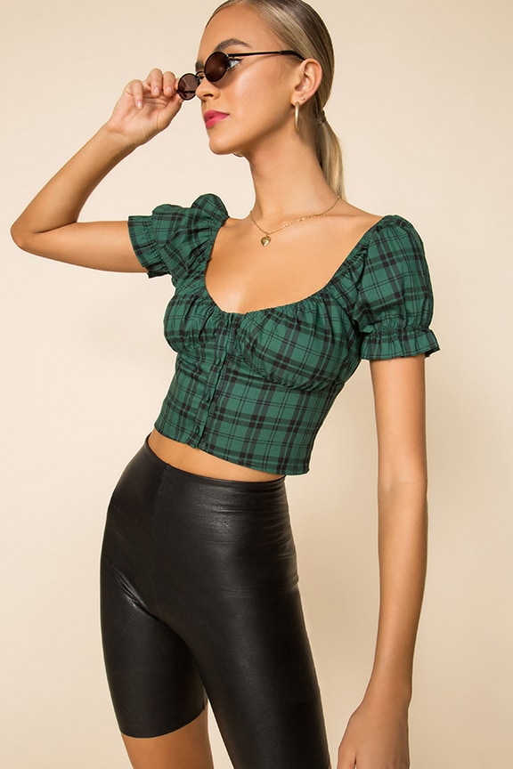 Image 1 of Gabbie Ruched Top in Green Plaid