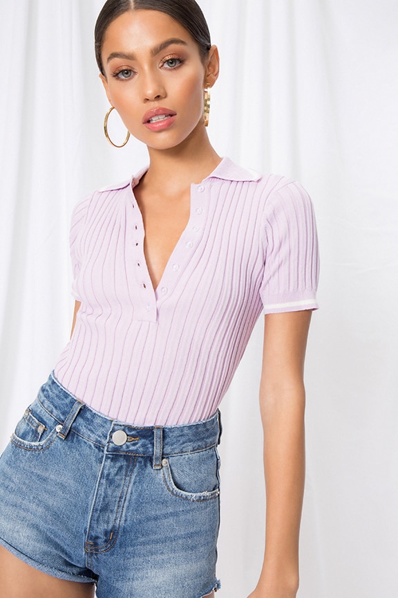 Image 1 of Shania Ribbed Polo Top in Lavender
