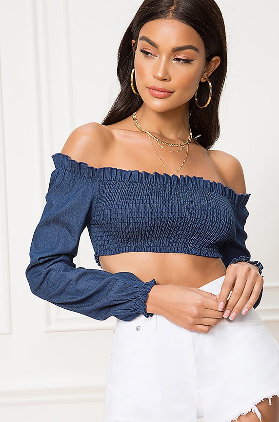 Image 1 of Kelly Smocked Crop Top in Mid Blue Chambray