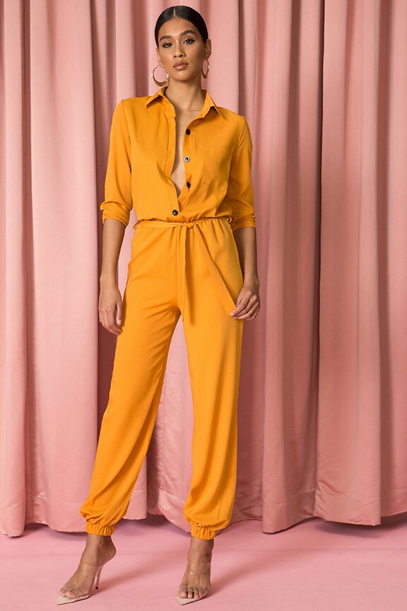 Image 1 of Tied Waist Jumpsuit in Yellow