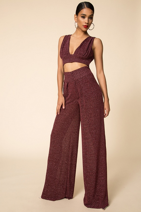 Image 1 of Wide Leg Matching Set in Wine