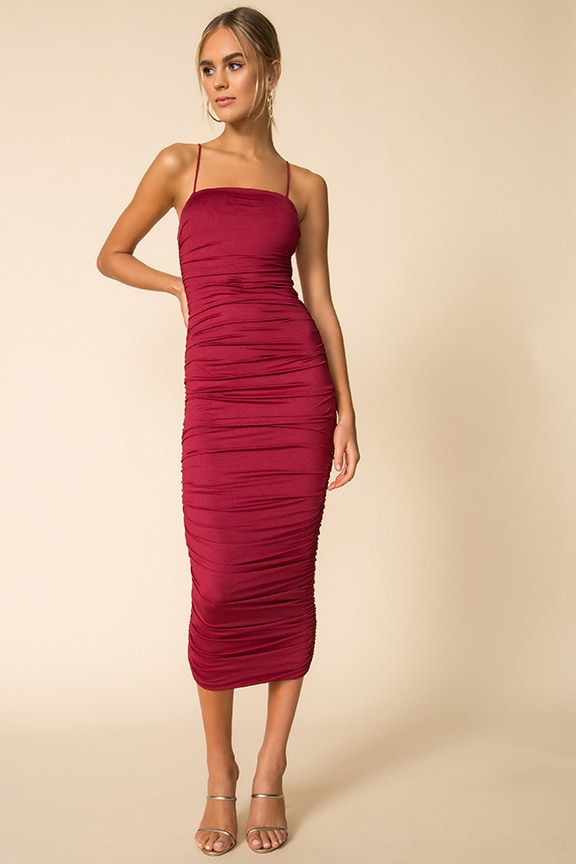 Image 1 of Ruched Midi Dress in Red