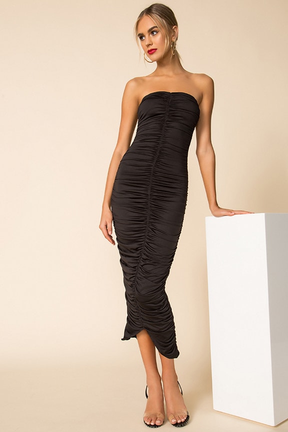Image 1 of Ruched Strapless Bodycon Dress in Black
