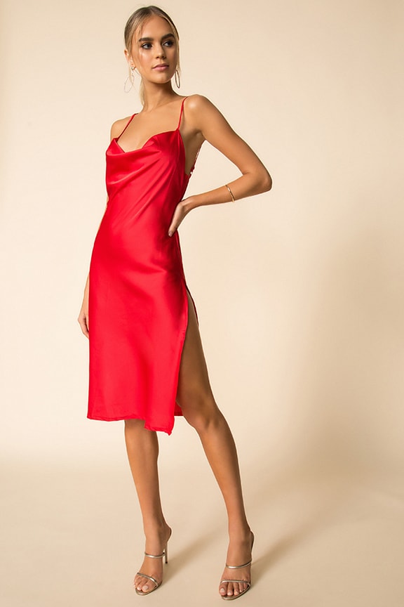 Leading Lady Red Satin Lace-Up Midi Slip Dress