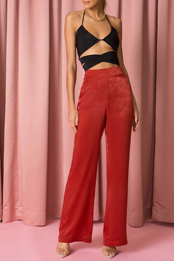 Image 1 of Tailored Satin Pant in Red in Marsala