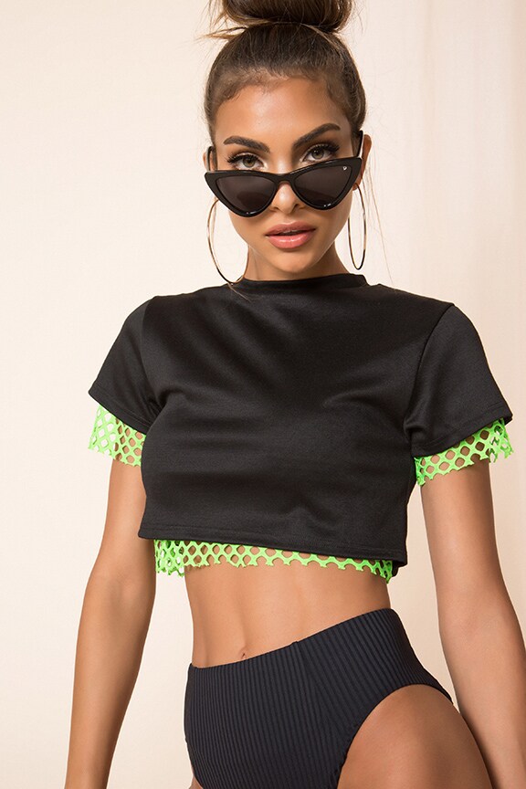 Image 1 of Cropped Tee in Black & Neon Green