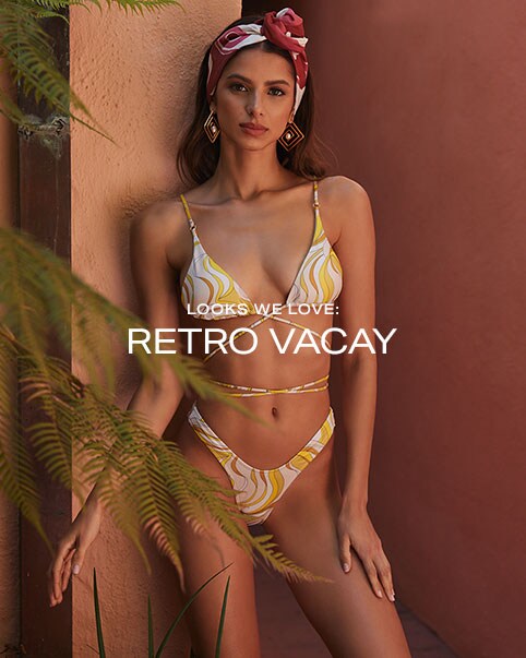 A model wearing an orange and yellow floral print mini dress with a halter neckline and matching headband. A model wearing a white and yellow printed bikini top with strappy front and matching bikini bottoms and a white and red headband. A model wearing sunglasses and an orange long sleeve maxi dress with a belted waist. Looks We Love: Retro Vacay. Shop the Edit.
