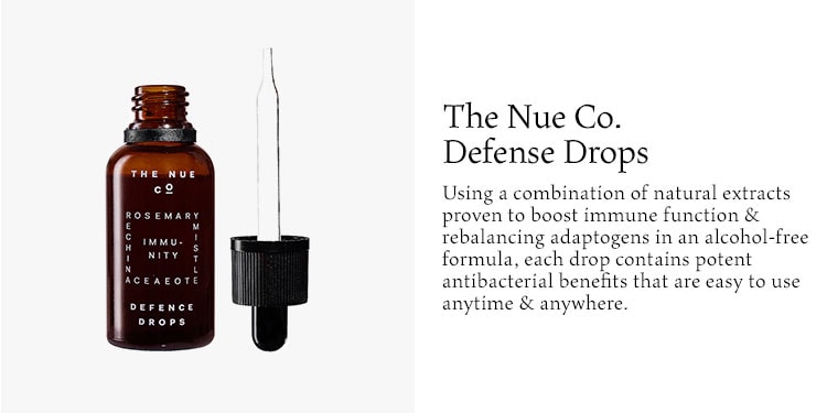 The Nue Co. Defense Drops. Using a combination of natural extracts proven to boost immune function & rebalancing adaptogens in an alcohol-free formula, each drop contains potent antibacterial benefits that are easy to use anytime & anywhere.