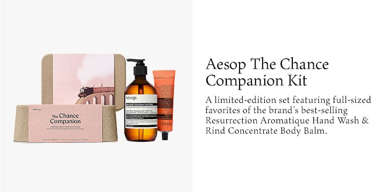Aesop The Chance Companion Kit. A limited-edition set featuring full-sized favorites of the brand’s best-selling Resurrection Aromatique Hand Wash & Rind Concentrate Body Balm.