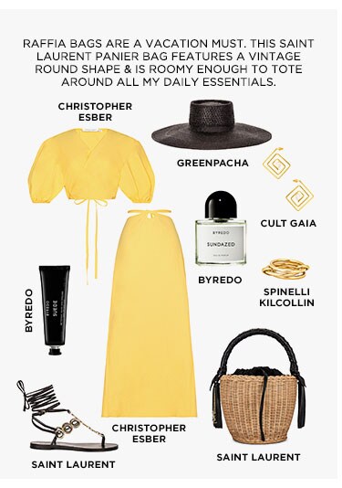 RAFFIA BAGS ARE A VACATION MUST. THIS SAINT LAURENT PANIER BAG FEATURES A VINTAGE ROUND SHAPE & IS ROOMY ENOUGH TO TOTE AROUND ALL MY DAILY ESSENTIALS.