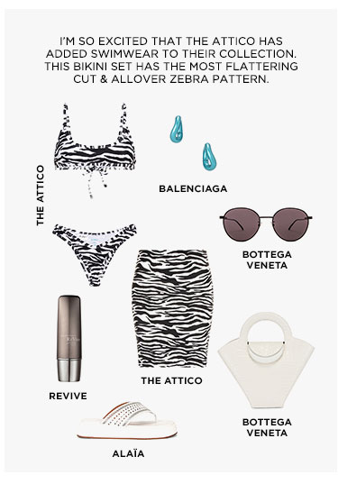 I’M SO EXCITED THAT THE ATTICO HAS ADDED SWIMWEAR TO THEIR COLLECTION. THIS BIKINI SET HAS THE MOST FLATTERING CUT & ALLOVER ZEBRA PATTERN.