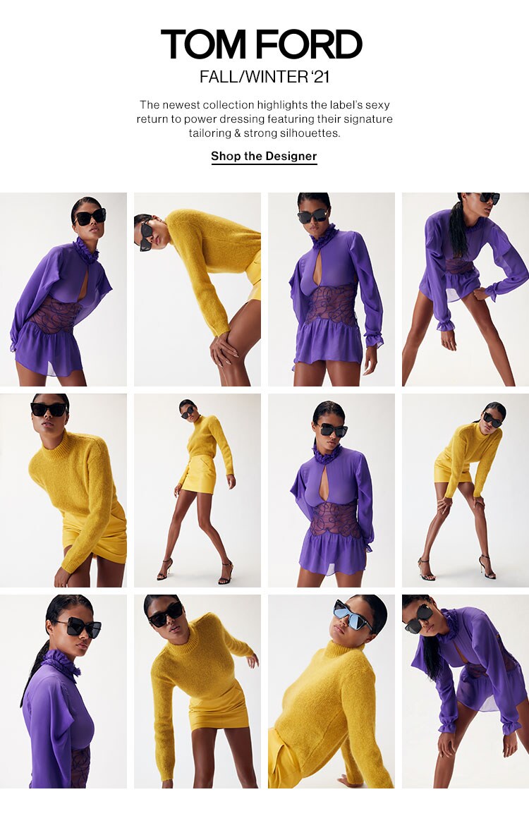 Tom Ford Fall/Winter ‘21. The newest collection highlights the label’s sexy return to power dressing featuring their signature tailoring & strong silhouettes. Shop the Designer