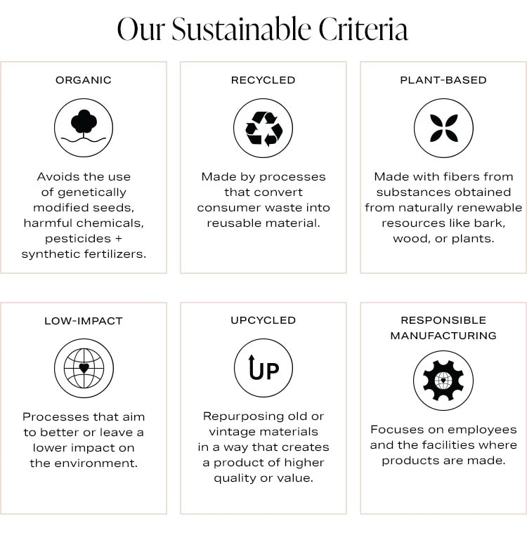 Our Sustainable Criteria: Your one-stop destination to discover sustainably-made styles so you can look good and do good at the same time - Shop the Edit