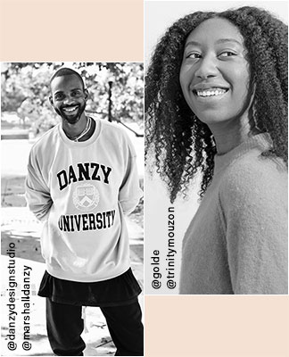 A black and white photo of Marshall Dazy wearing a graphic sweatshirt and pants. Trinity Mouzon Wofford wearing a yellow sweater. Black-Owned Brand Spotlight. Shop the Edit.