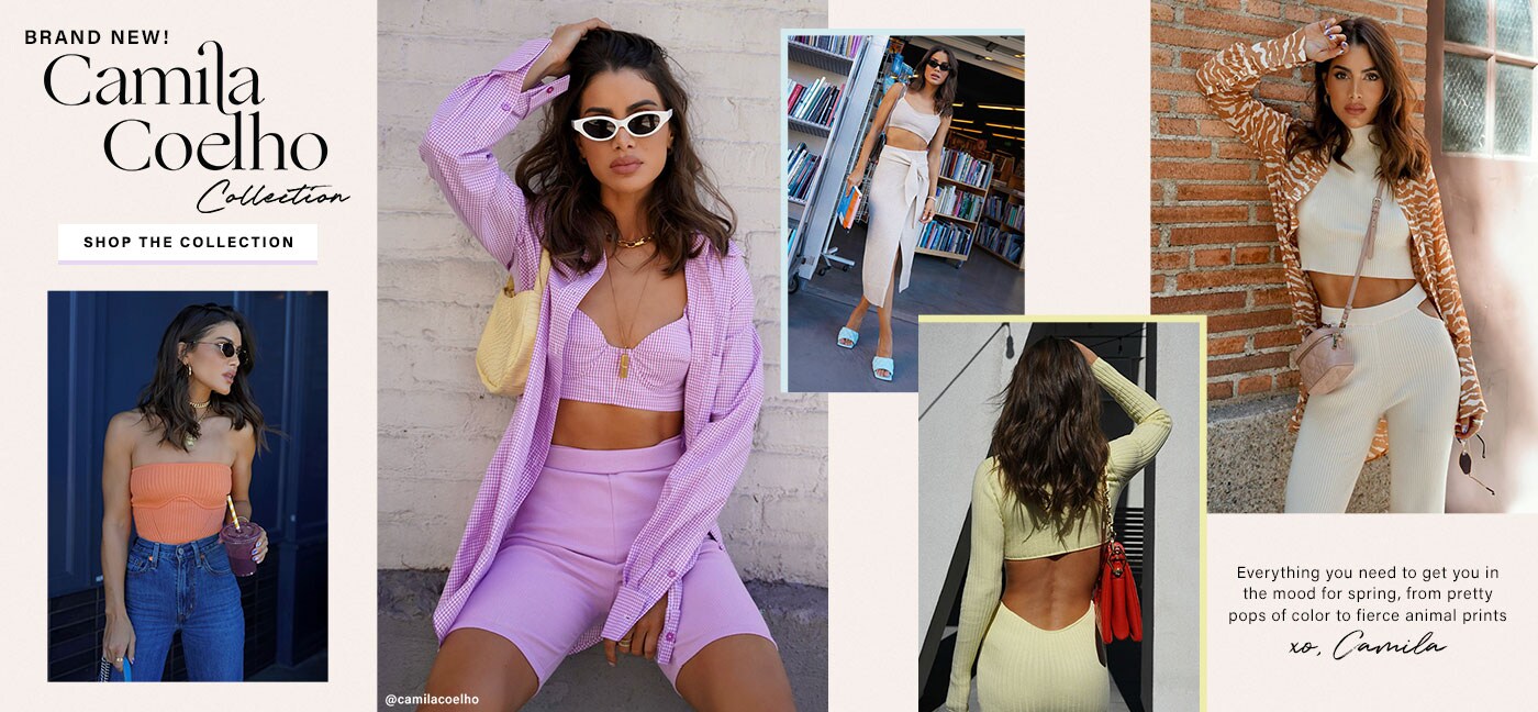 Camila Coelho wearing sunglasses, a coral colored ribbed strapless top, and blue high waisted jeans. Camila Coelho wearing sunglasses, a purple blazer, matching bra top, and matching biker shorts. Camila Coelho standing in front of a book stand wearing sunglasses, a cream crop top, and matching high waisted midi skirt with tie detail, and blue heels. A photo of the back of Camila Coelho wearing a yellow long sleeve sweater dress with a back cut-out. Camila Coelho standing against a brick wall wearing an orange and white zebra print button down shirt, a cream crop top, and matching high waisted pants with side cut-outs. Brand New! Camila Coelho Collection. Shop the Collection.