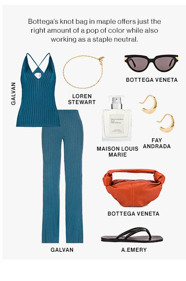 Bottega’s knot bag in maple offers just the right amount of a pop of color while also working as a staple neutral. 