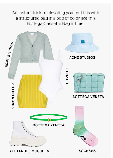 An instant trick to elevating your outfit is with a structured bag in a pop of color like this Bottega Cassette Bag in blue.