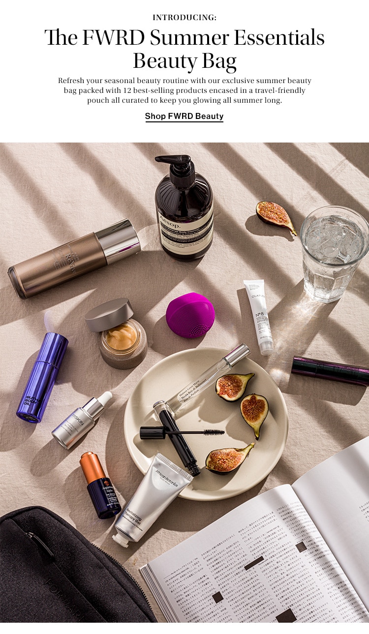 Introducing: The FWRD Summer Essentials Beauty Bag. Refresh your seasonal beauty routine with our exclusive summer beauty bag packed with 12 best-selling products encased in a travel-friendly pouch all curated to keep you glowing all summer long. Shop FWRD Beauty
