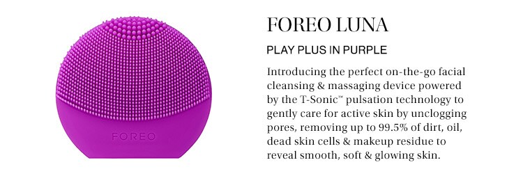 FOREO LUNA Play Plus in Purple: Introducing the perfect on-the-go facial cleansing & massaging device powered by the T-Sonic™ pulsation technology to gently care for active skin by unclogging pores, removing up to 99.5% of dirt, oil, dead skin cells & makeup residue to reveal smooth, soft & glowing skin.