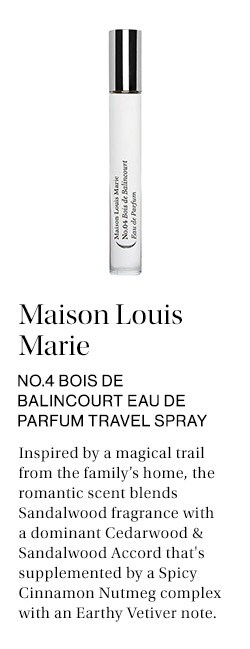 Maison Louis Marie No.4 Bois de Balincourt Eau de Parfum Travel Spray  DEK: Inspired by a magical trail from the family’s home, the romantic scent blends Sandalwood fragrance with a dominant Cedarwood & Sandalwood Accord that's supplemented by a Spicy Cinnamon Nutmeg complex with an Earthy Vetiver note.