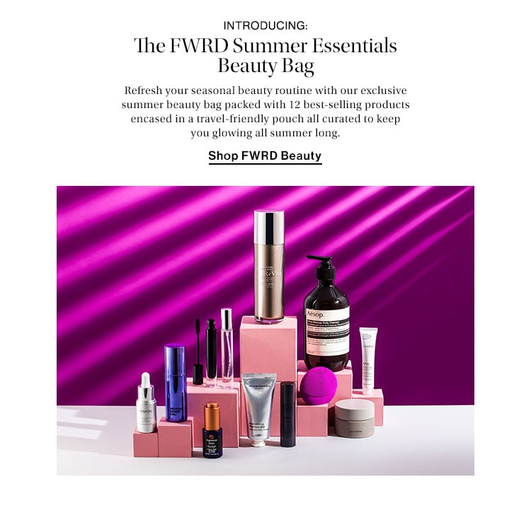 Introducing: The FWRD Summer Essentials Beauty Bag. Refresh your seasonal beauty routine with our exclusive summer beauty bag packed with 12 best-selling products encased in a travel-friendly pouch all curated to keep you glowing all summer long. Shop FWRD Beauty