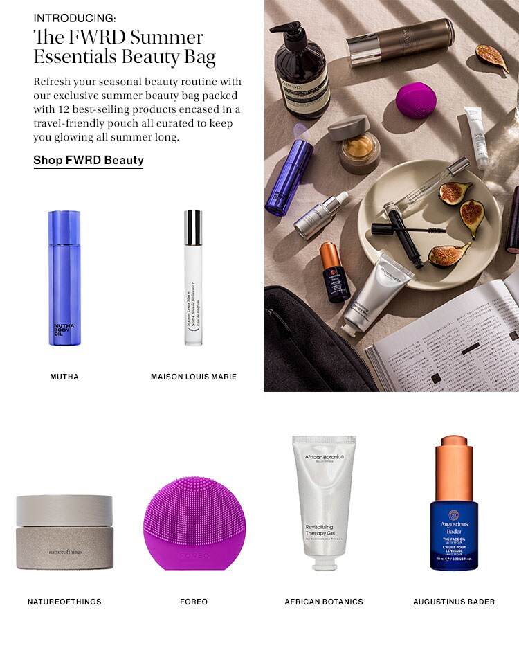 Introducing: The FWRD Summer Essentials Beauty Bag. Refresh your seasonal beauty routine with our exclusive summer beauty bag packed with 12 best-selling products encased in a travel-friendly pouch all curated to keep you glowing all summer long. Shop FWRD Beauty