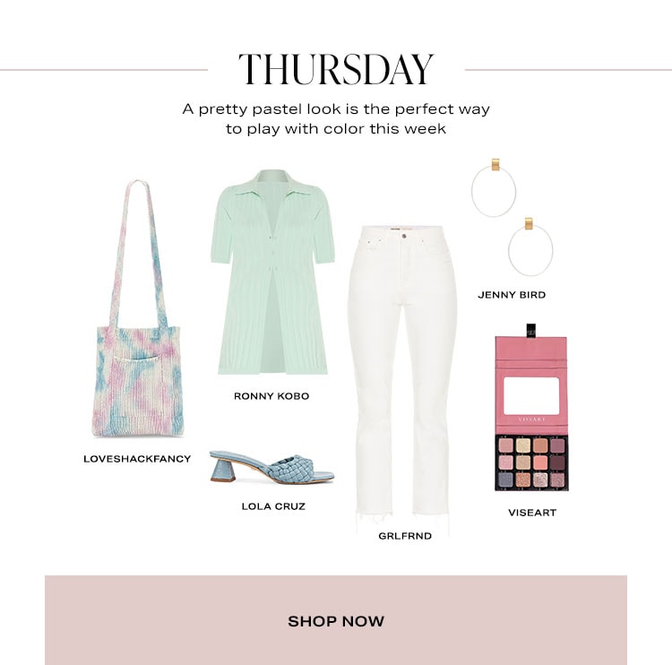 Thursday. A pretty pastel look is the perfect way to play with color this week