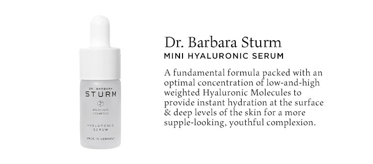 Dr. Barbara Sturm Mini Hyaluronic Serum. A fundamental formula packed with an optimal concentration of low-and-high weighted Hyaluronic Molecules to provide instant hydration at the surface & deep levels of the skin for a more supple-looking, youthful complexion.